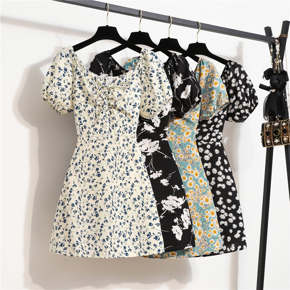 Women Mini Dresses Summer Fashion Female Vestidos Print Floral Chiffon Dresses Shirring Pleated Short Puffy Sleeve Casual Dress - M & M Global