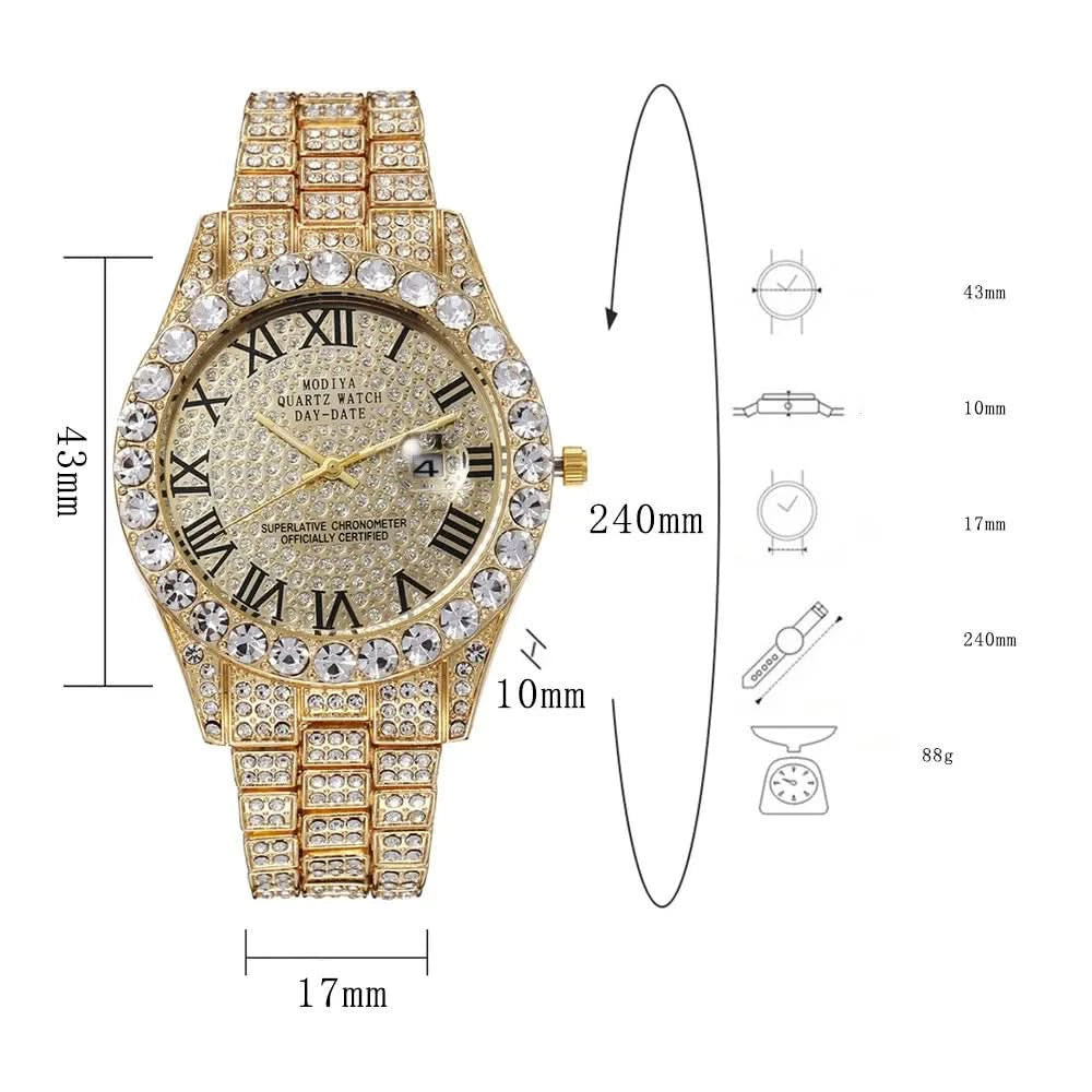 Hip Hop Iced Out Men Watch Full AAA Rhinestone Around Luxury Quartz Watches Round Clock Unisex Wrist Watch Gift For Boyfriend - M & M Global