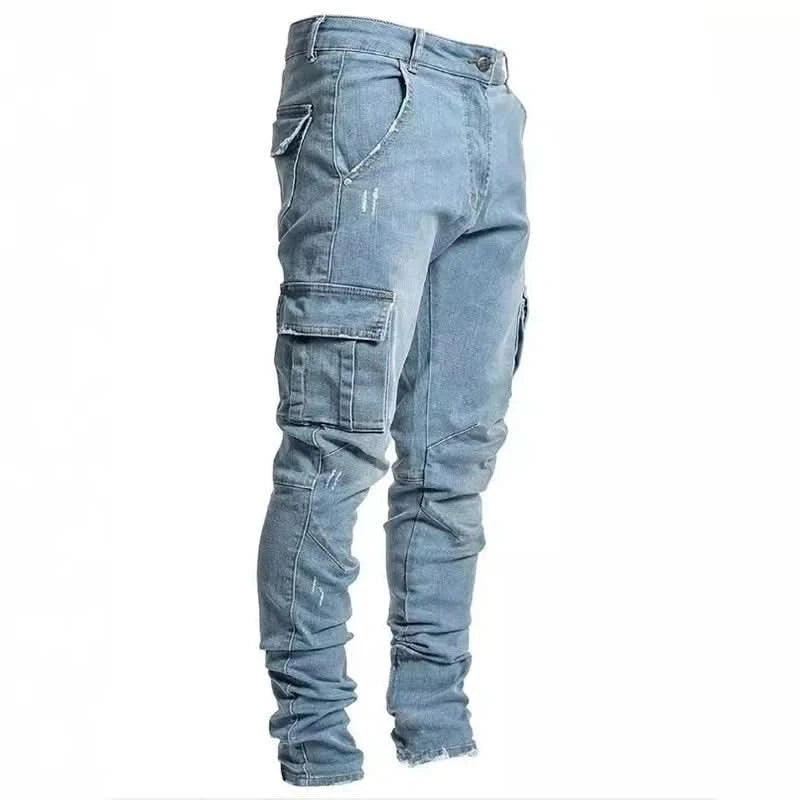Men Street Elastic Denim Jeans Wash Solid Color Multi Pockets Cargo Pants Casual Slim Fit Daily Wear Joggers Mid Waist Trousers - M & M Global