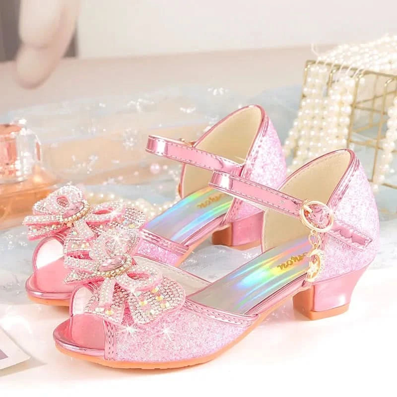 Summer Girls Sandals With Heel Fashion Rhinestone Shiny Glitter Shoes Children Princess Bowtie Pearl Dancing Shoes H876 - M & M Global