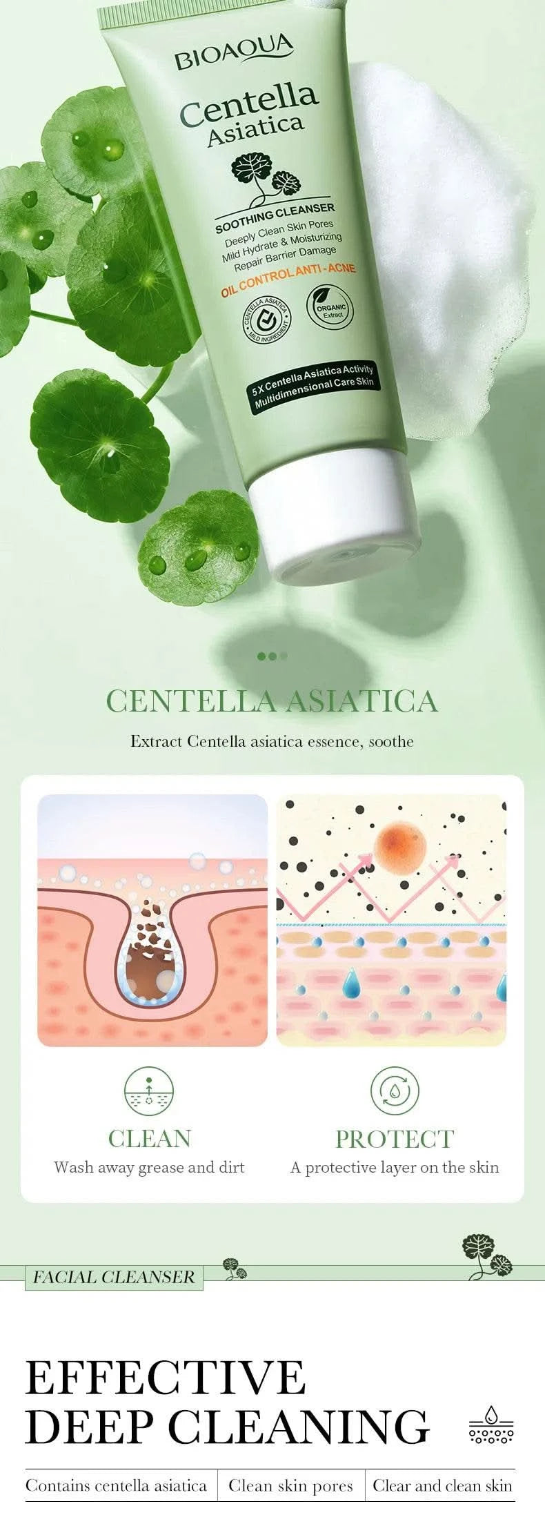 BIOAQUA Centella Asiatica Facial Cleanser Moisturizing Oil Control Face Cleansing Face Wash Foam Facial Cleanser Skin Care - M & M Global