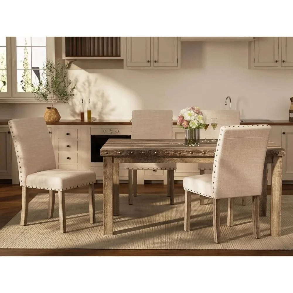 Rustic Dining Table, Farmhouse Kitchen Dining Chairs , Charming 60" Rectangular Wooden Table& Upholstered