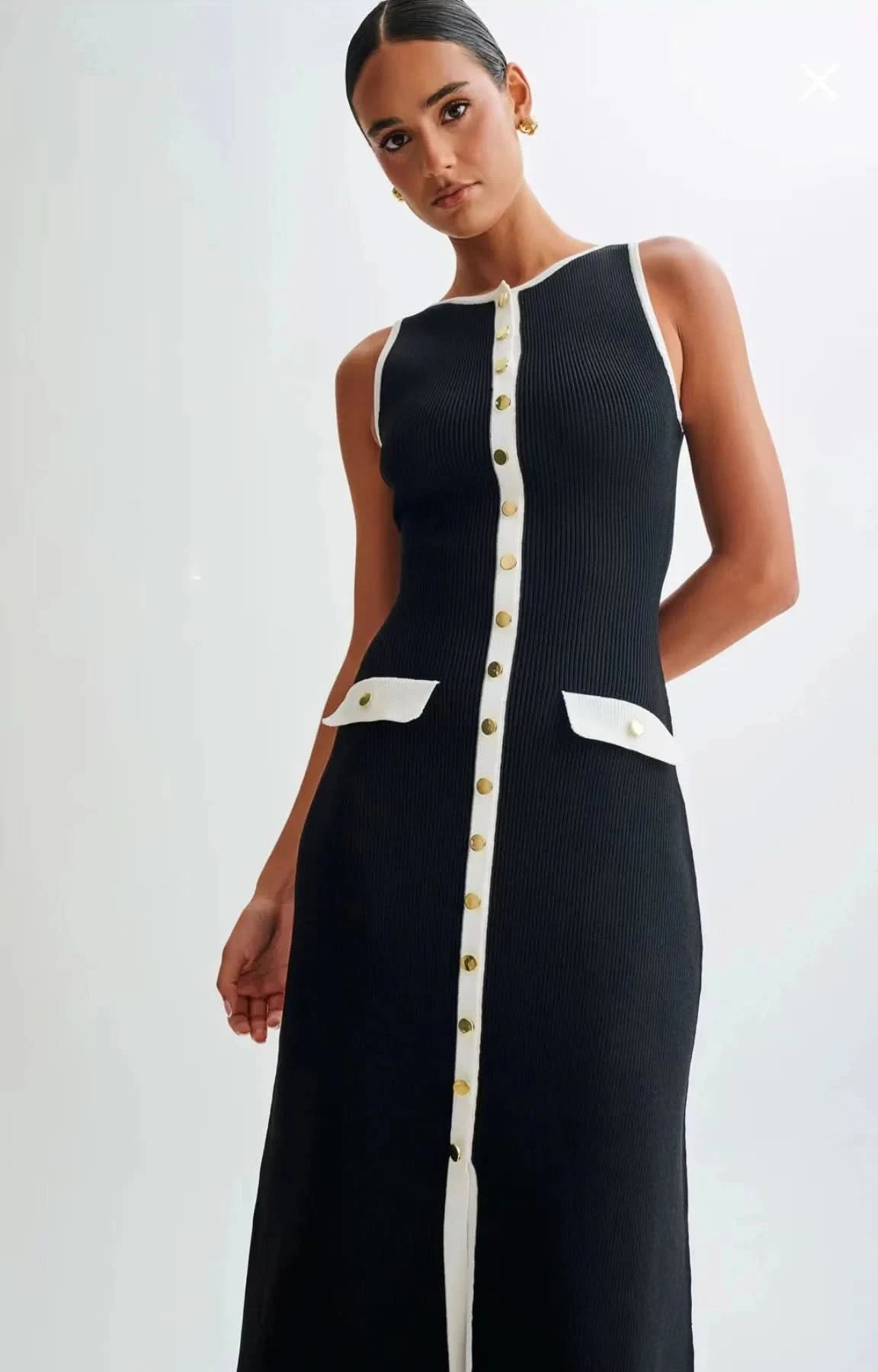 Elegant Women Knitted Long Dress Summer Sleeveless Single Breasted Bodycon Dresses High Street Fashion Office Ladies Black Robes - M & M Global