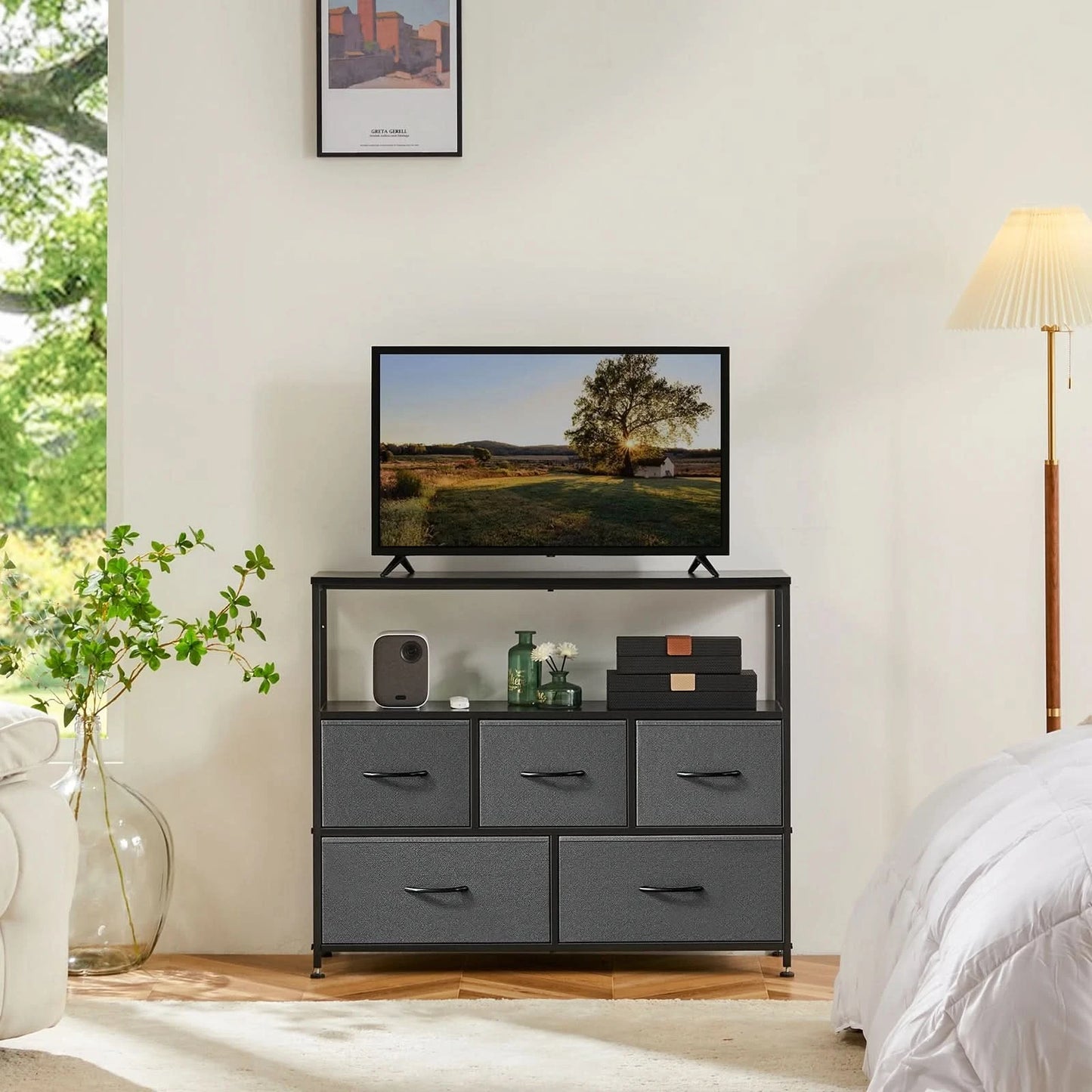 JHK Shoe Cabinet Dresser With 5 Fabric Drawers Toy Storage TV Stand Multilayer Shoe Rack Space Saving Cabinet Of Home Furniture