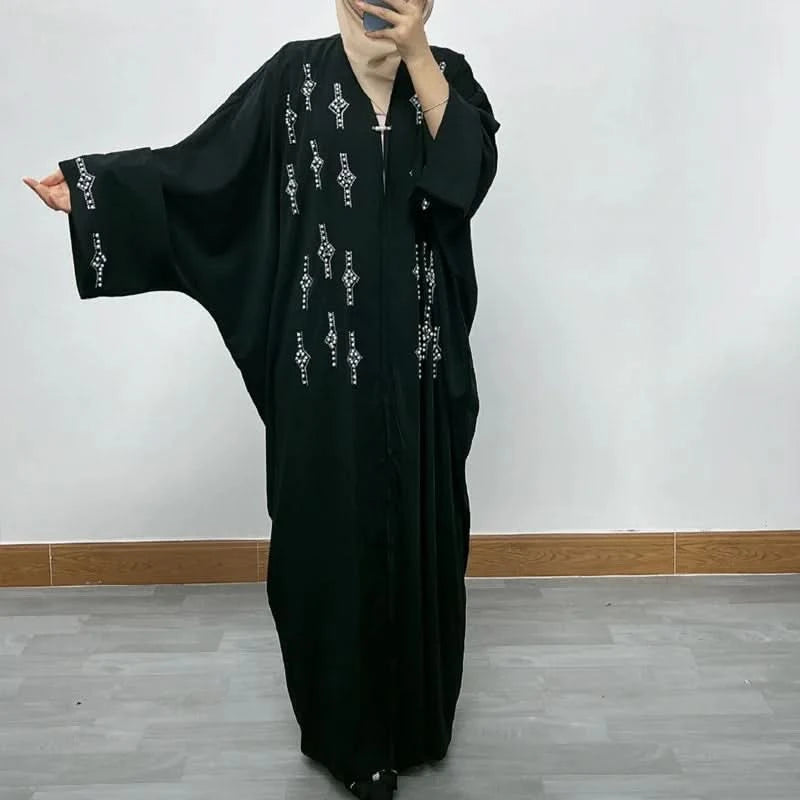 Ramadan Luxury Muslim Fashion Bat Sleeve Moroccan Turkiye Dubai Dress Middle East Arab Dress Sequins Golden Velvet Long Dress - M & M Global