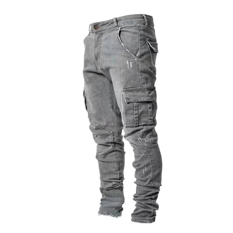 Men Street Elastic Denim Jeans Wash Solid Color Multi Pockets Cargo Pants Casual Slim Fit Daily Wear Joggers Mid Waist Trousers - M & M Global