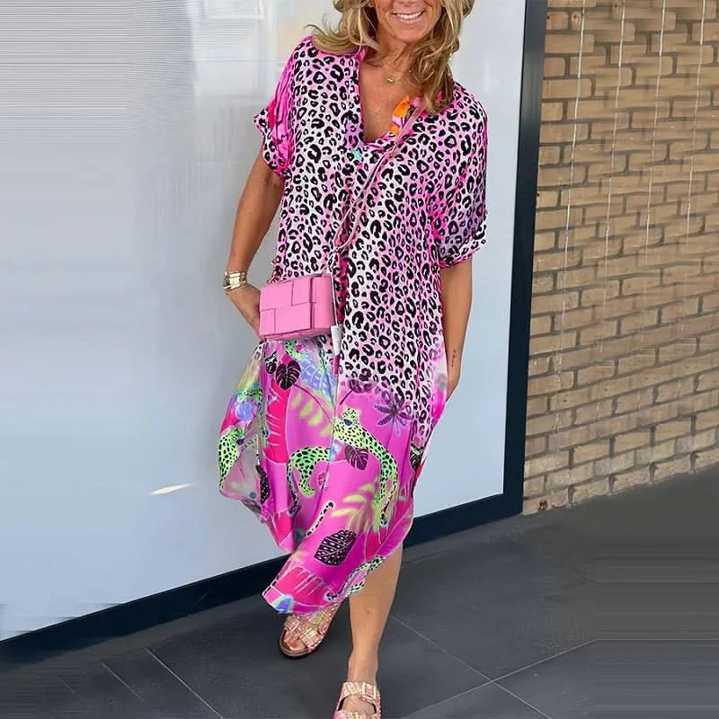 Retro Leopard Print Patchwork Pattern Party Dress Women Sexy V Neck Loose Split Long Dress Spring Summer Short Sleeve Boho Dress - M & M Global