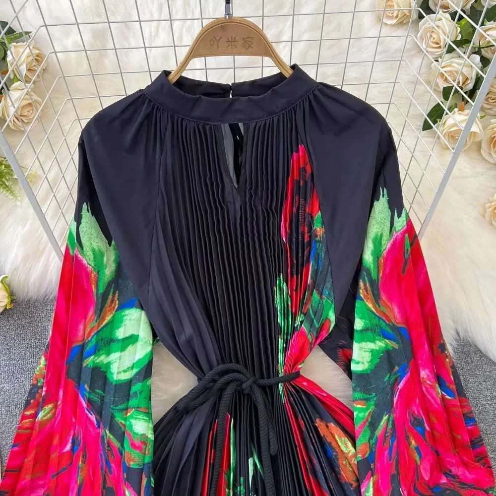 Spring Holiday Print Long Dress For Women Fashion Loose Lantern Sleeve Party Robe Female Big Swing Tassels Belt Pleated Clothes - M & M Global