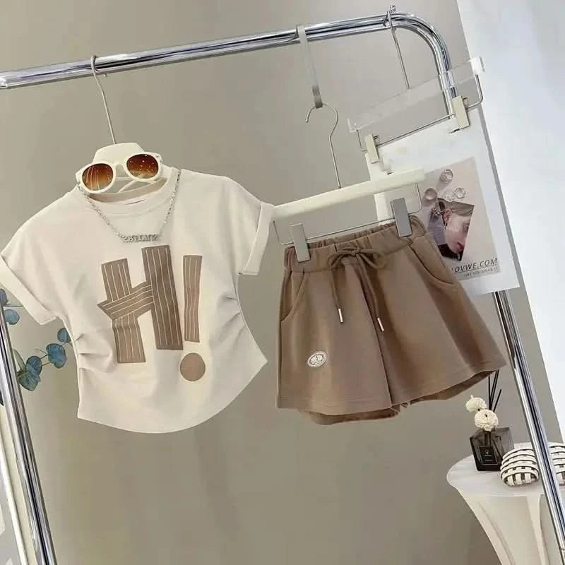 Girls Clothes Sets 2024 Summer Children Short-sleeved Suit Teenage Girls Letter T-shirt Shorts Tracksuit Outfit Clothing Set - M & M Global