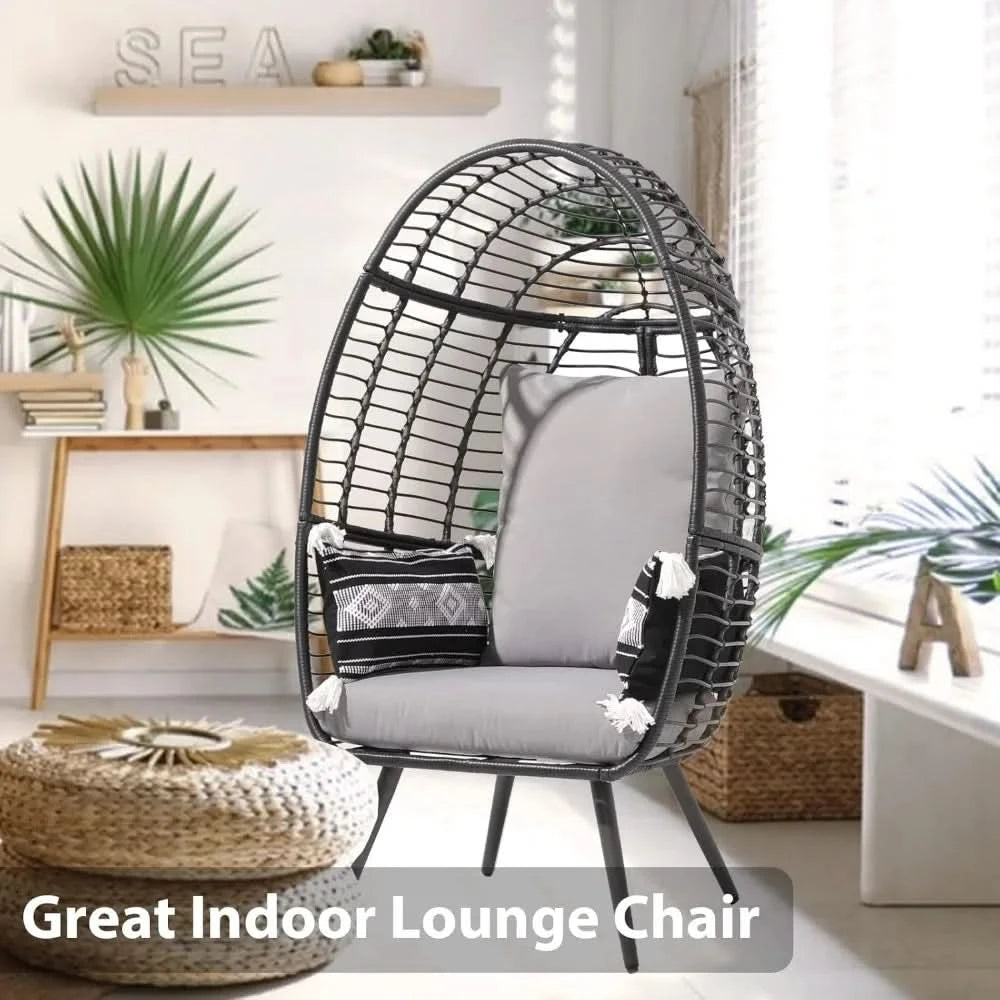 Wicker Egg Chair, Oversized Indoor Outdoor Lounger Large Egg Basket Chair with Stand and Cushions for Patio Porch, Backyar