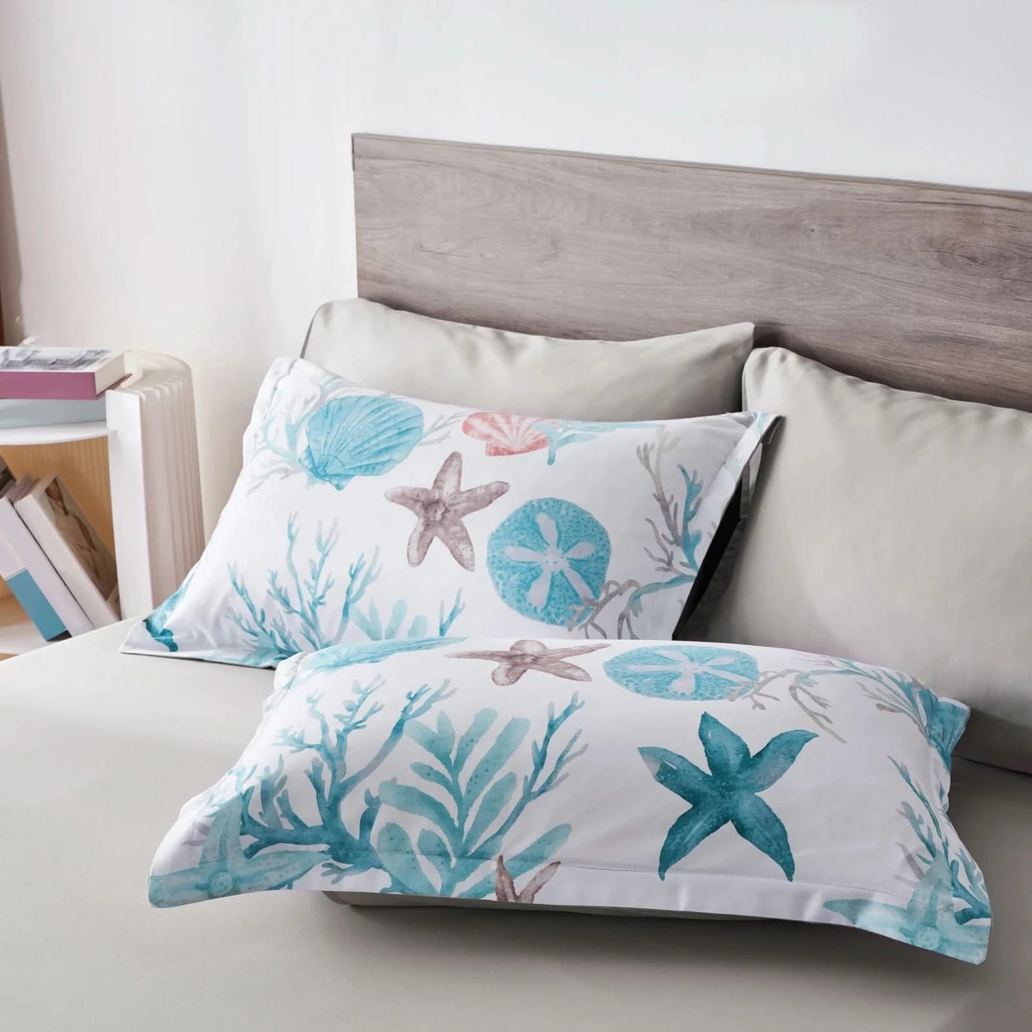 7-Piece Boho Bed in a Bag Comforter Set – Queen Size Bedding with Starfish Coral Print – Bohemian Comforter, Sheets & Pillowcases Included