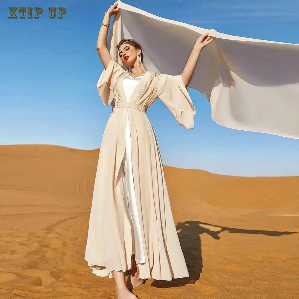 Ramadan Luxury Muslim Fashion Bat Sleeve Moroccan Turkiye Dubai Dress Middle East Arab Dress Sequins Golden Velvet Long Dress - M & M Global