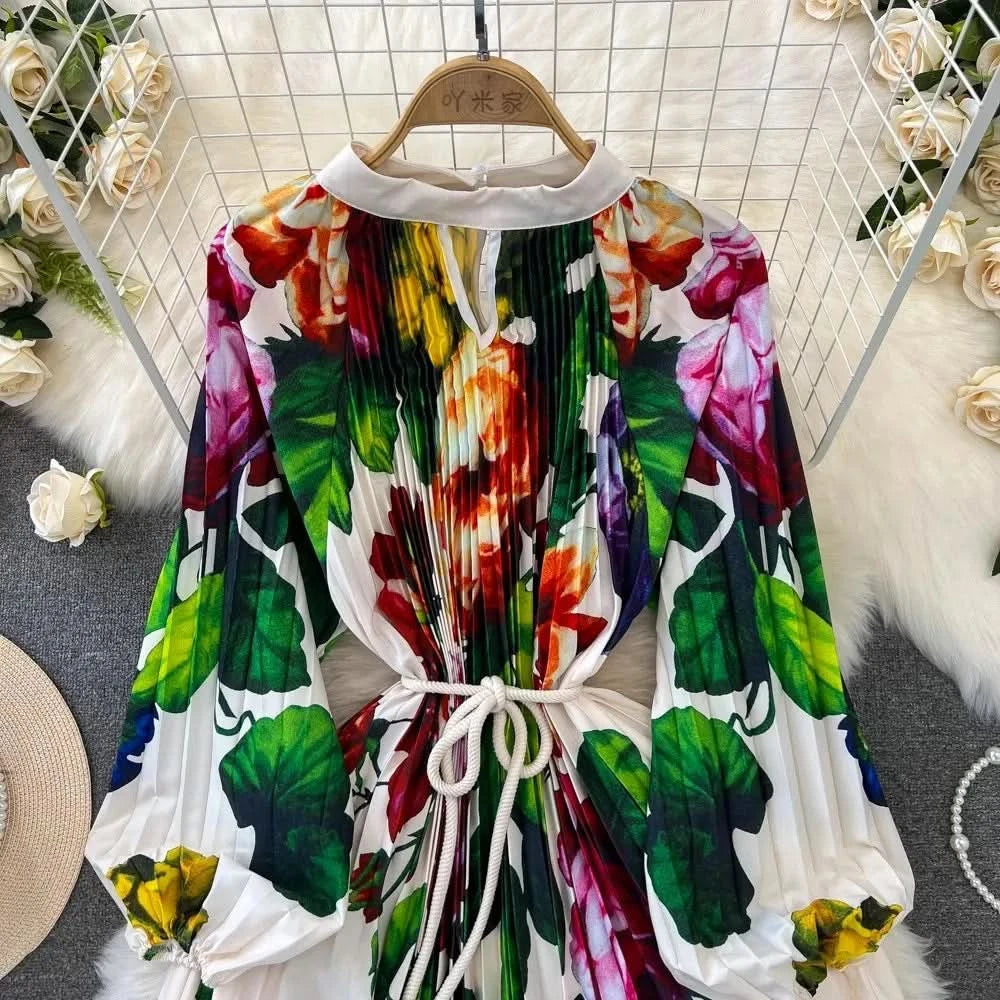 Spring Holiday Print Long Dress For Women Fashion Loose Lantern Sleeve Party Robe Female Big Swing Tassels Belt Pleated Clothes - M & M Global