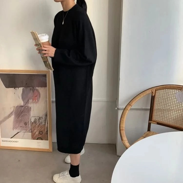 REALEFT Autumn Winter 2023 New O-Neck Casual Loose Knitted Dress Female Straight Long Sleeve Oversize Sweater Womens Long Dress - M & M Global