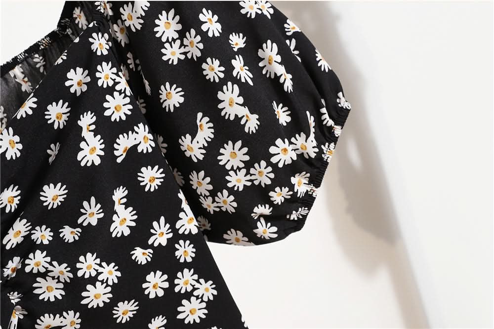 Women Mini Dresses Summer Fashion Female Vestidos Print Floral Chiffon Dresses Shirring Pleated Short Puffy Sleeve Casual Dress - M & M Global