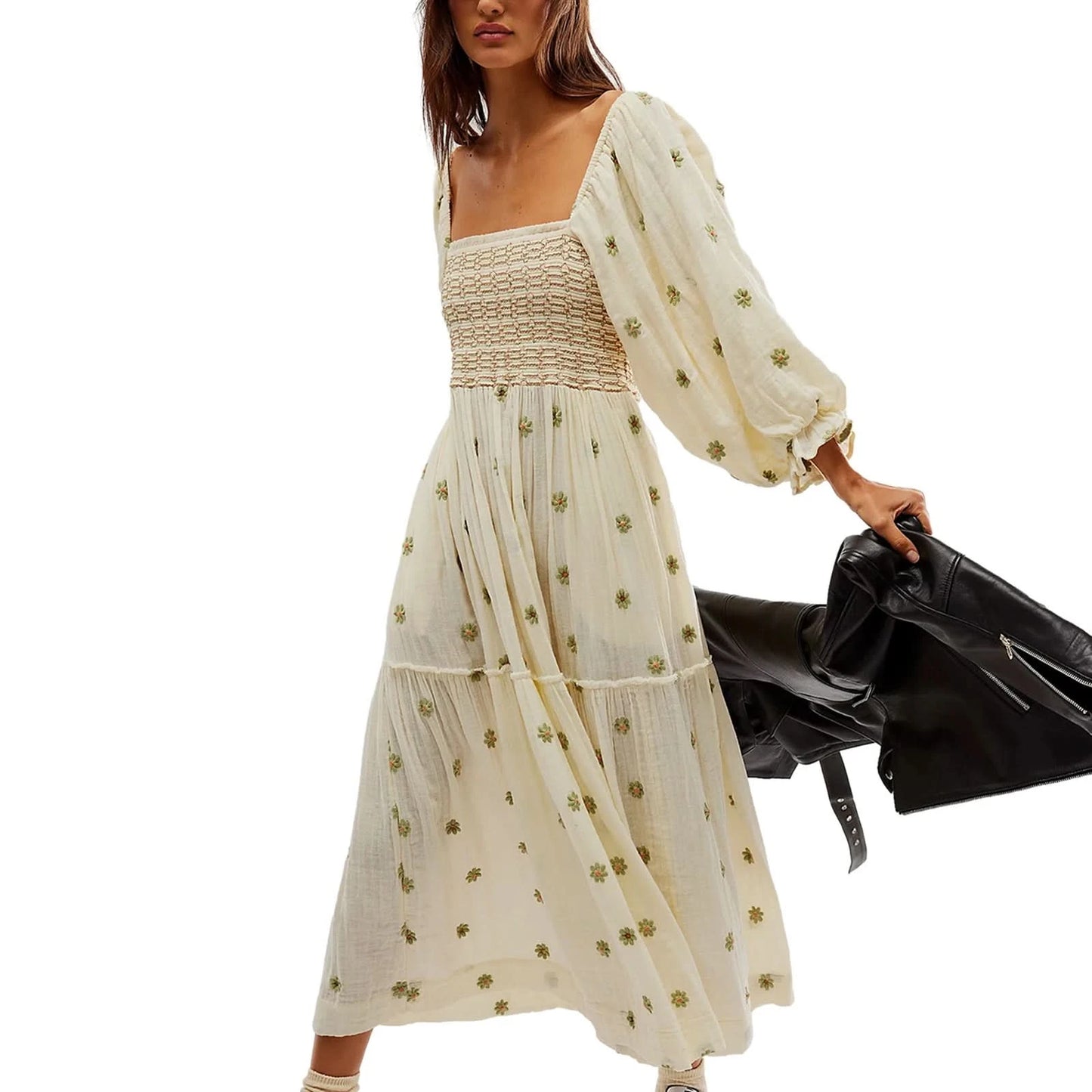 Women's Flower Embroidered Long Dress Bodycon Lantern Sleeve Square Neck Tiered Flowy Dress Bohemian Summer Beachwear Dresses - M & M Global
