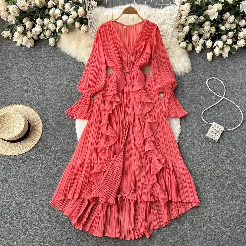 Purple/Brown/Red Chiffon Pleated Long Dress Women Vintage V-Neck Flare Sleeve Draped Ruffle Vestido Female Maxi Robe Spring Fall - M & M Global