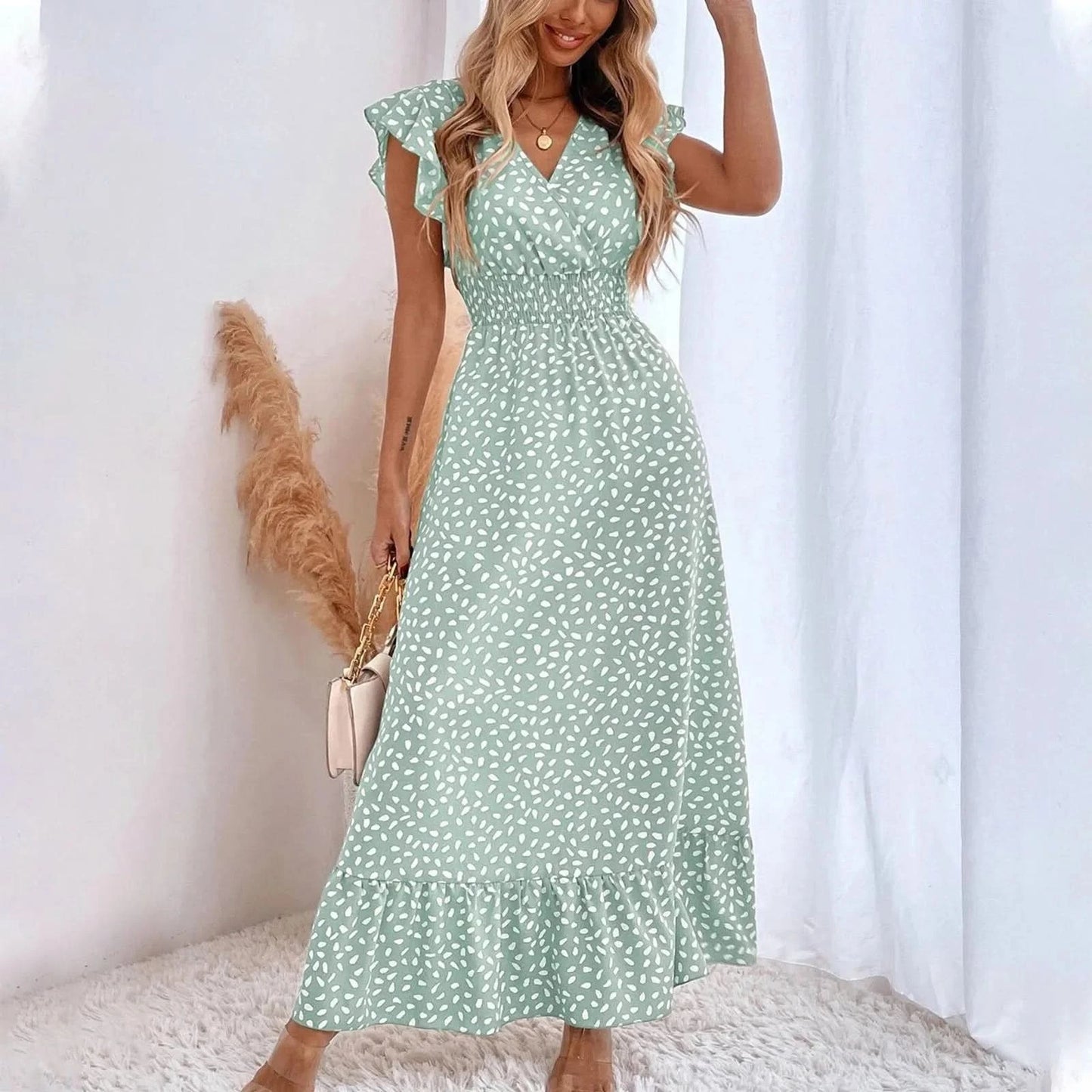 Polka Dot Dress For Women Sexy V-Neck Long Dress Casual And Fashionable Ruffle Edge Short Sleeved High Waisted Dress - M & M Global