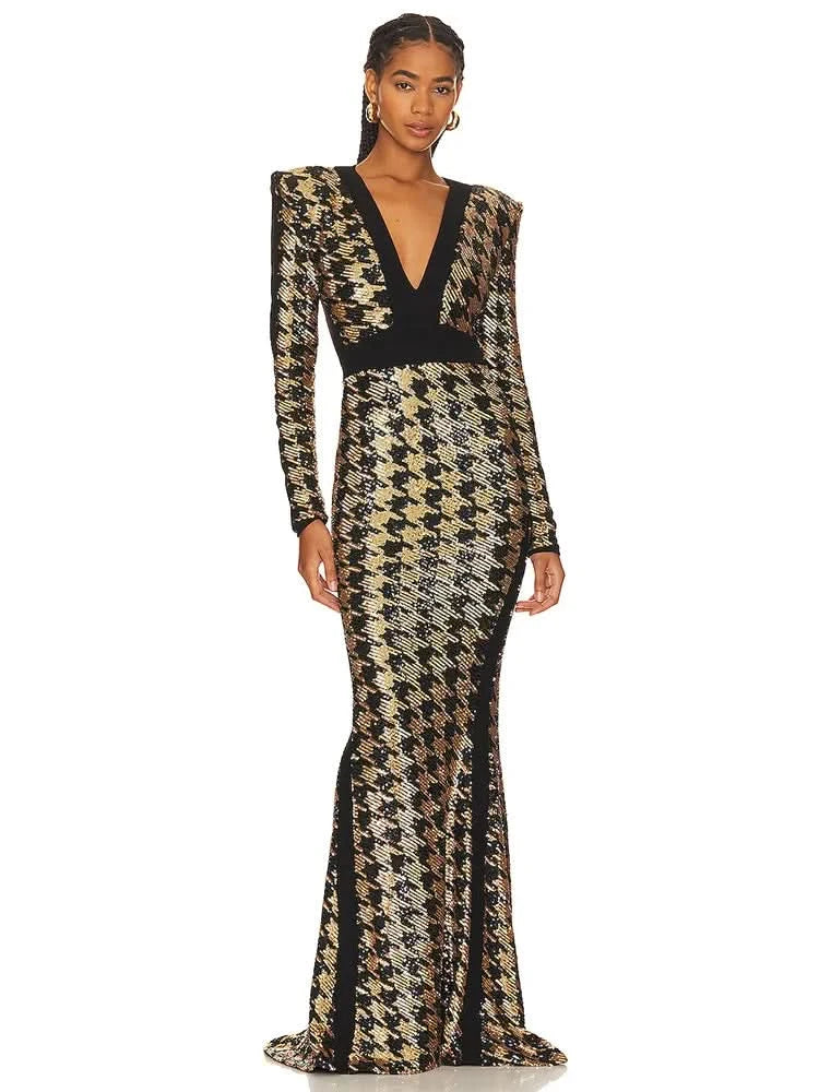Sexy V Neck Bird Lattice Sequins Maxi Dress Women Black Gold Sequin Long Sleeves Bocycon Long Dress Runway Evening Party Gown - M & M Global