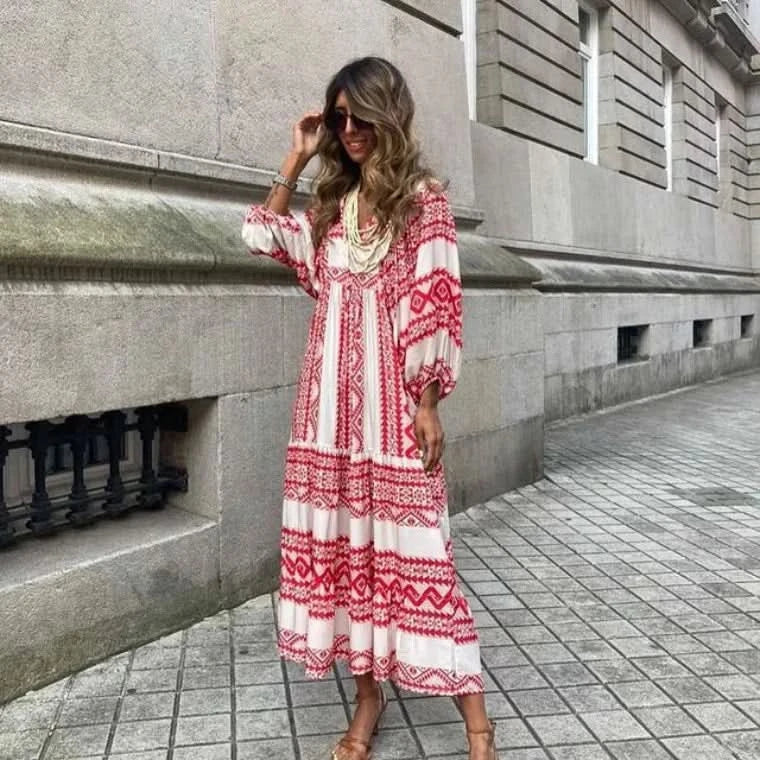 Summer Puff Sleeve Long Dress Women Geometric Print Half Sleeve Dress Boho V-Neck Loose Holiday Beach Dress Vestidos - M & M Global