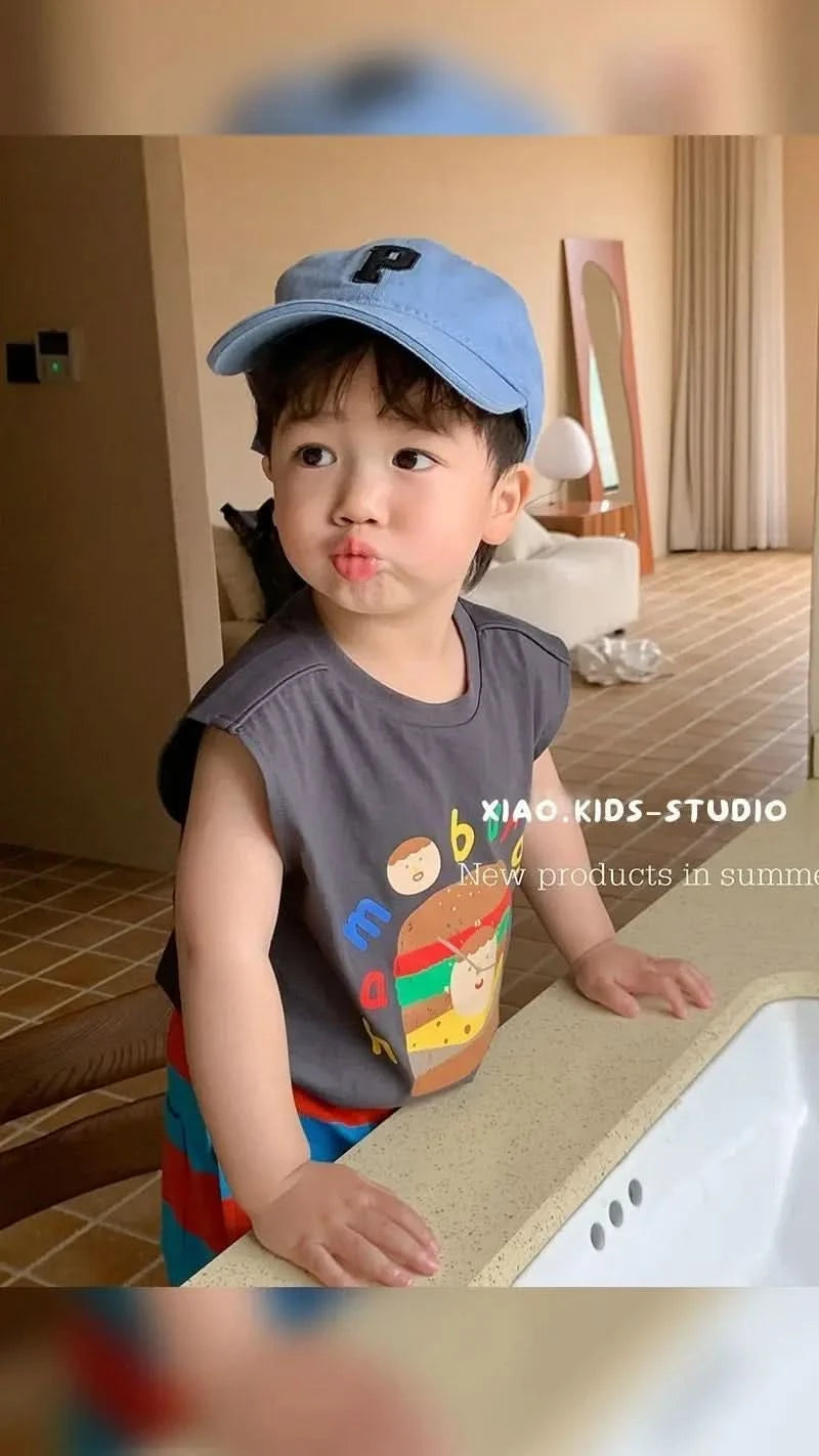 2025 Summer Baby Clothing Set Infant Boys Girls Cute Hamburg Print Sleeveless T-shirt and Stripe Shorts 2Pcs Suit Toddler Outfit - M & M Global