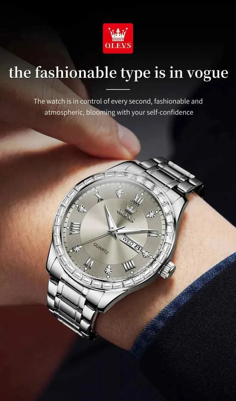 OLEVS 9906 Quartz Men's Watch Classic Fashion Men's Business Waterproof Stainless Steel Diamond dial Top Luxury Brand Men Watch - M & M Global