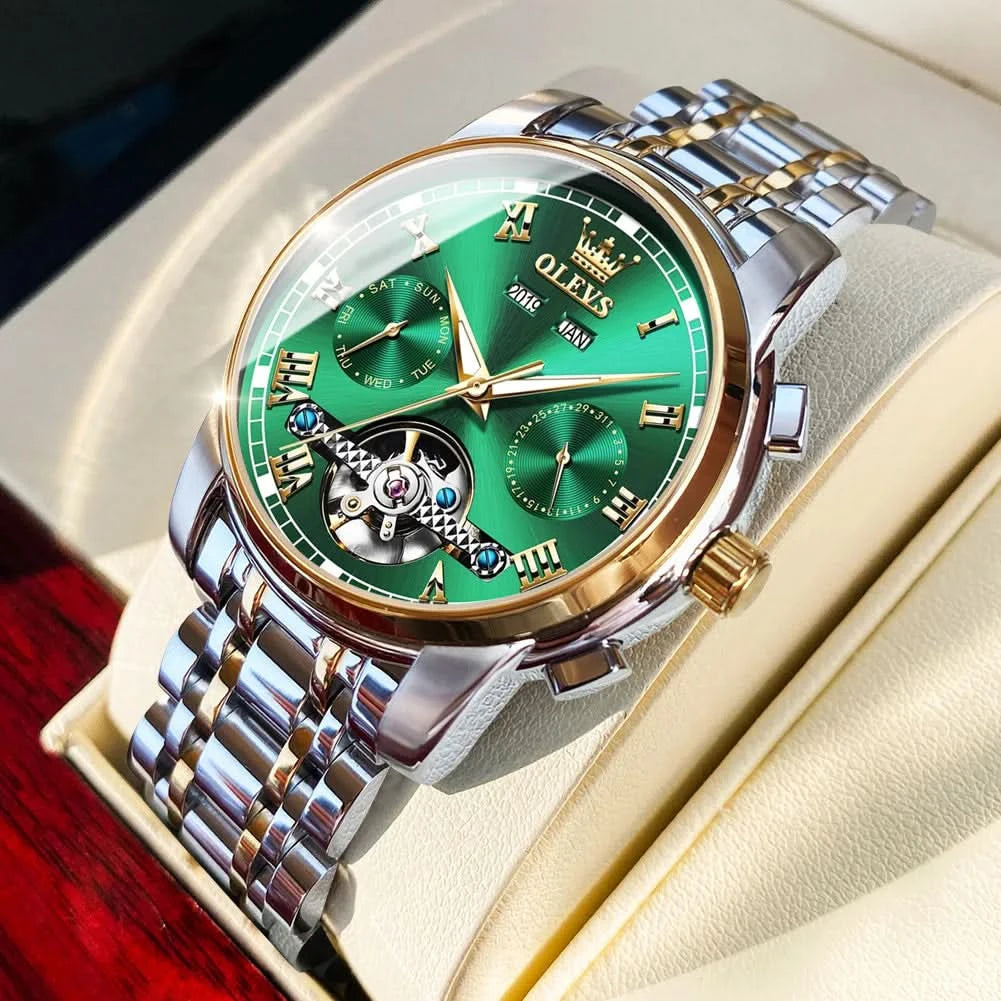 OLEVS Men's Watches Automatic Mechanical Business Wristwatch Waterproof Stainless Steel Strap Watch for Man Skeleton Calendar - M & M Global