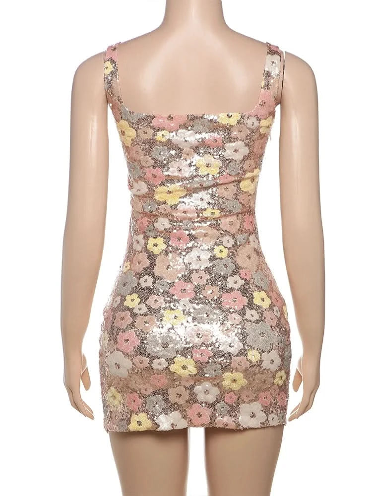 Weird Puss Colorful Flower Print Mini Dress Women Sequins Patchwork Skinny Backless Sleeveless Vacation Trend Elegant Outfits - M & M Global