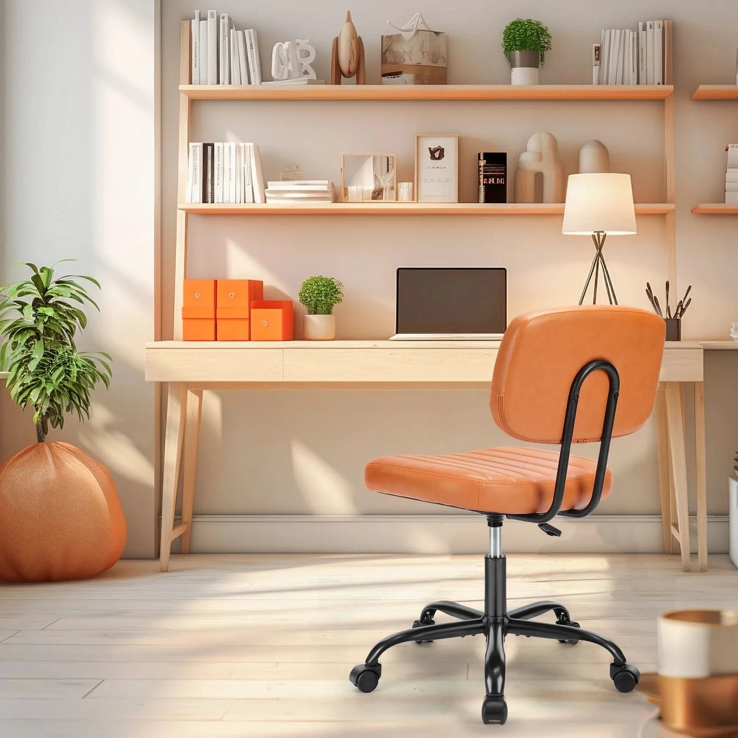 JHK Armless Office Desk Chair Back Lumbar Support Height Adjustable PU Leather Computer Chair with 360° Swivel Rolling Wheels