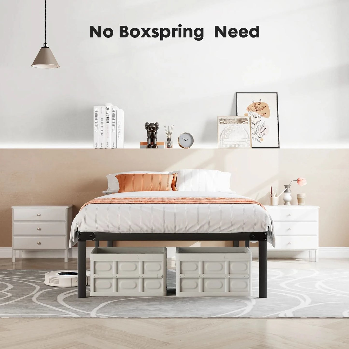 JHK Basic Twin Full Queen King Size Bed Frame Metal Platform Bedroom Frames with Storage Space Sturdy Steel Slat Support 350LBS