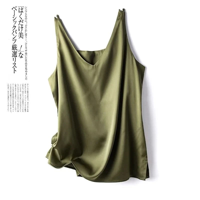 Silk Satin Women Office Lady Double Shoulder Camisole Tank V-neck Sleeveless Top T-shirt Elegant Crop Top Solid Casual Basic New - M & M Global