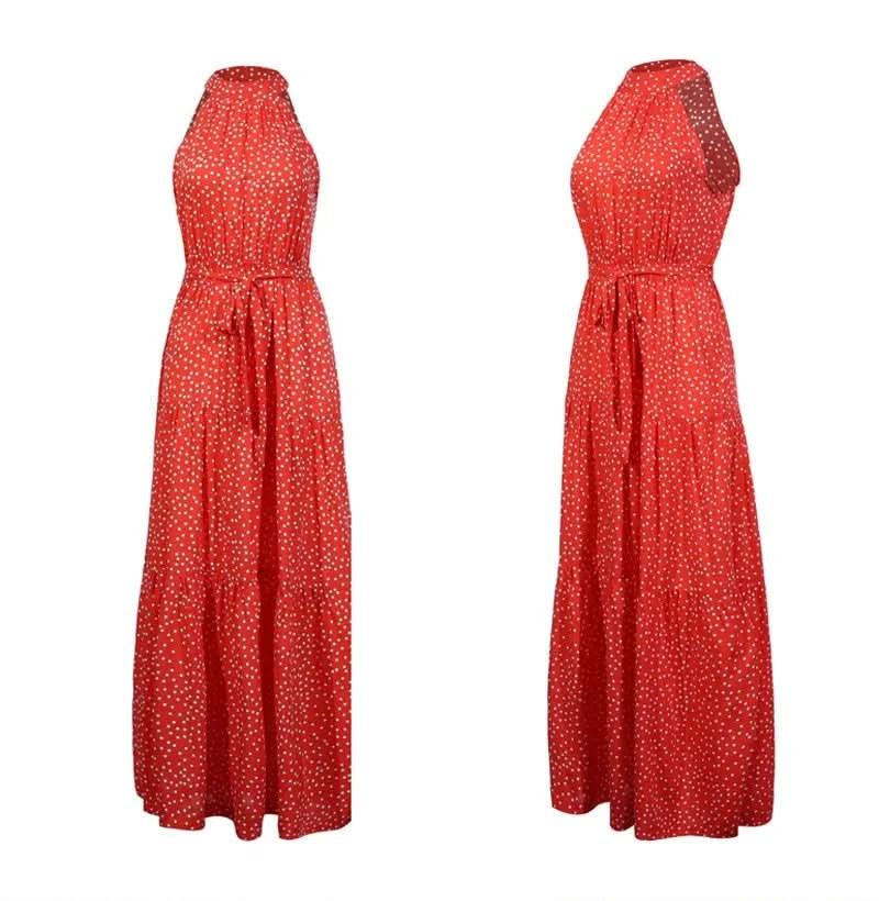 Summer Floral Print Halter Neck Dresses For Women Sleeveless Leace-up Long Dress Casual Beach Holiday Vestidos Female Clothing - M & M Global