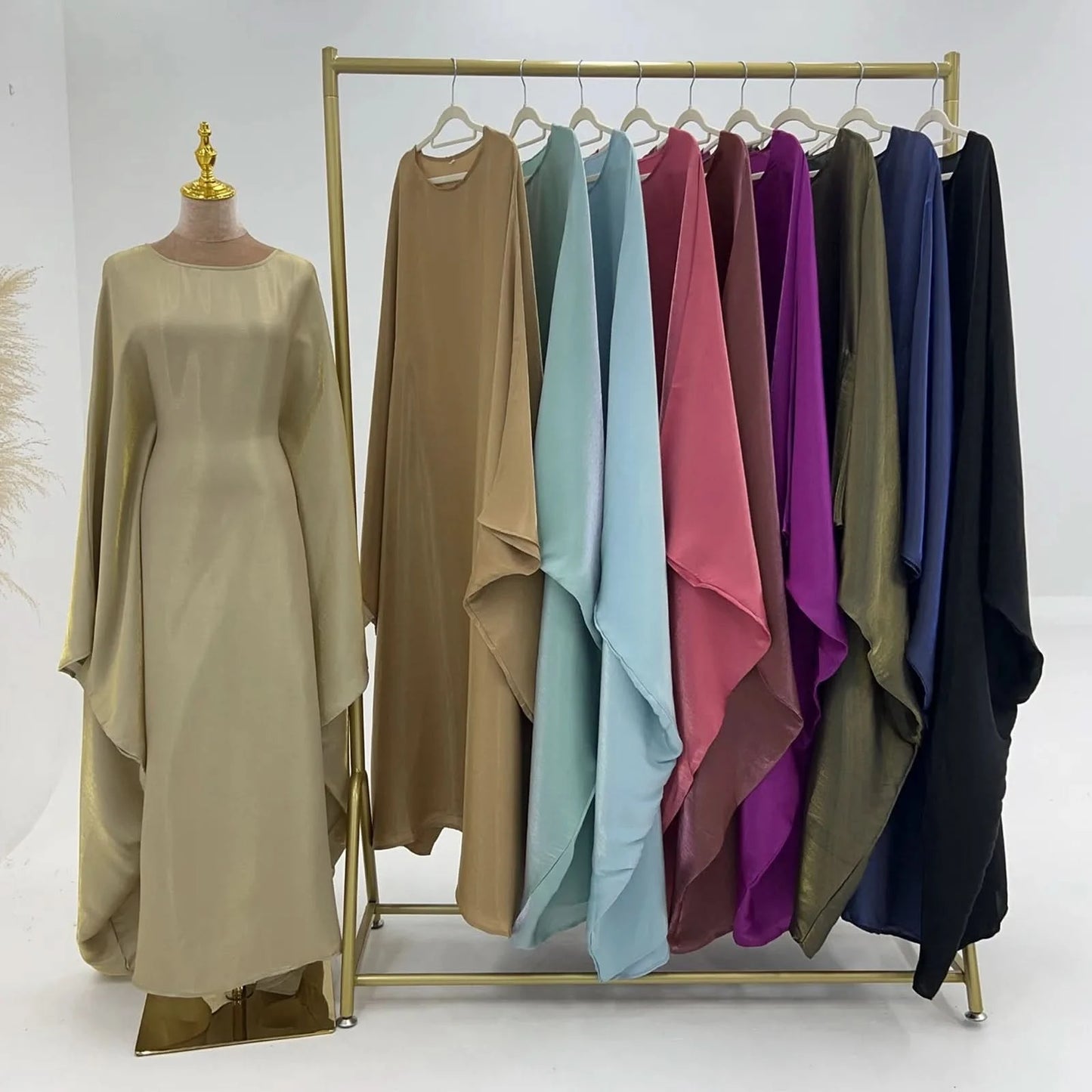 Ramadan Satin Abaya Islam Muslim Summer Batwing Sleeve Maxi Dress Kebaya Abayas For Women Kaftan Robe Musulmane Femme Vestidos - M & M Global