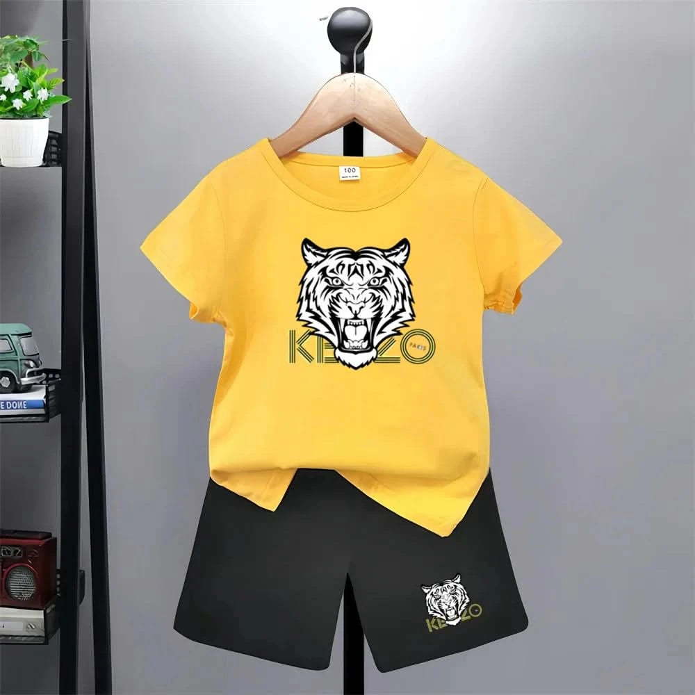 Tiger head Print Brand Kids T-shirt Boys Girls red Toddlers age 3-12 Fashion Clothing Short Sleeve+Shorts Outdoor Sports Set - M & M Global