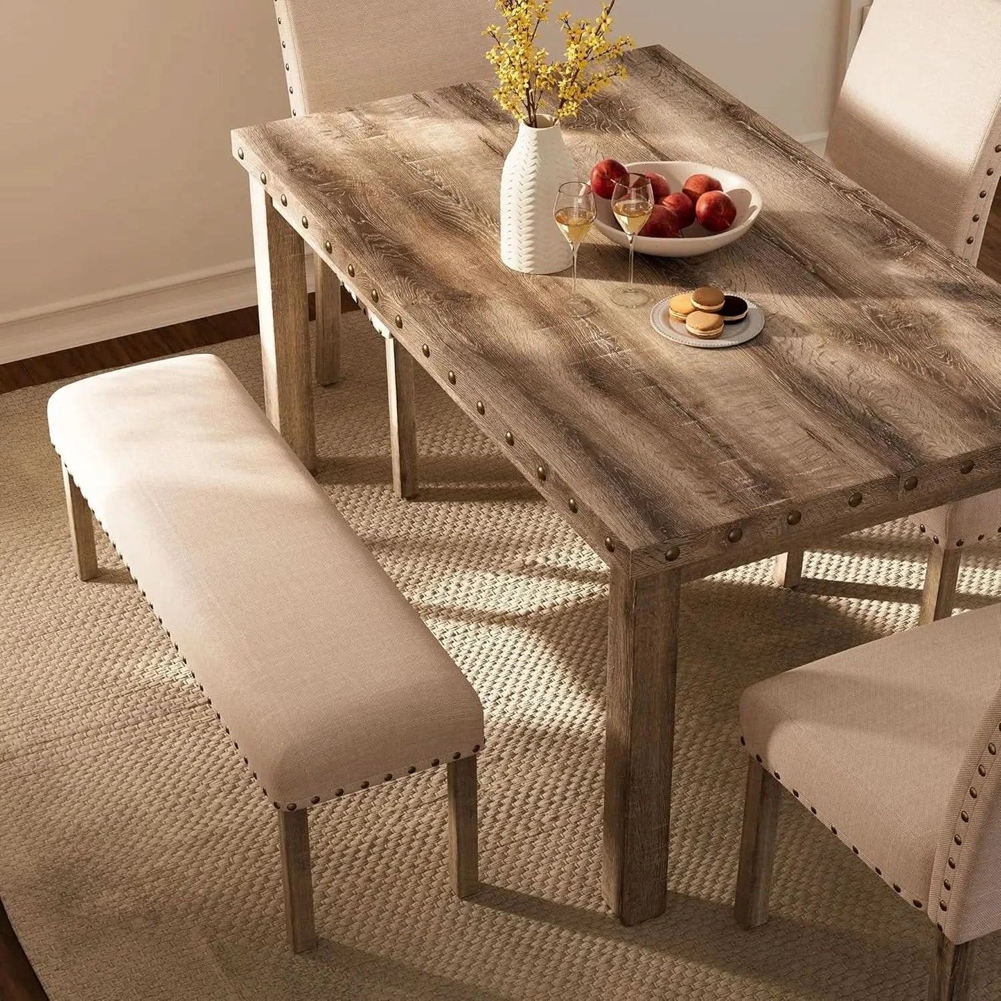 Rustic Dining Table, Farmhouse Kitchen Dining Chairs , Charming 60" Rectangular Wooden Table& Upholstered