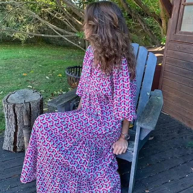 Summer Puff Sleeve Long Dress Women Geometric Print Half Sleeve Dress Boho V-Neck Loose Holiday Beach Dress Vestidos - M & M Global