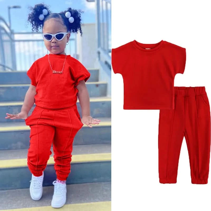 Fashion Kids Little Girls Clothing 2 Pieces Sets Cotton Solid Casual T-shirt+Elastic Waist Pants Young Children Outfits 1-6Y - M & M Global