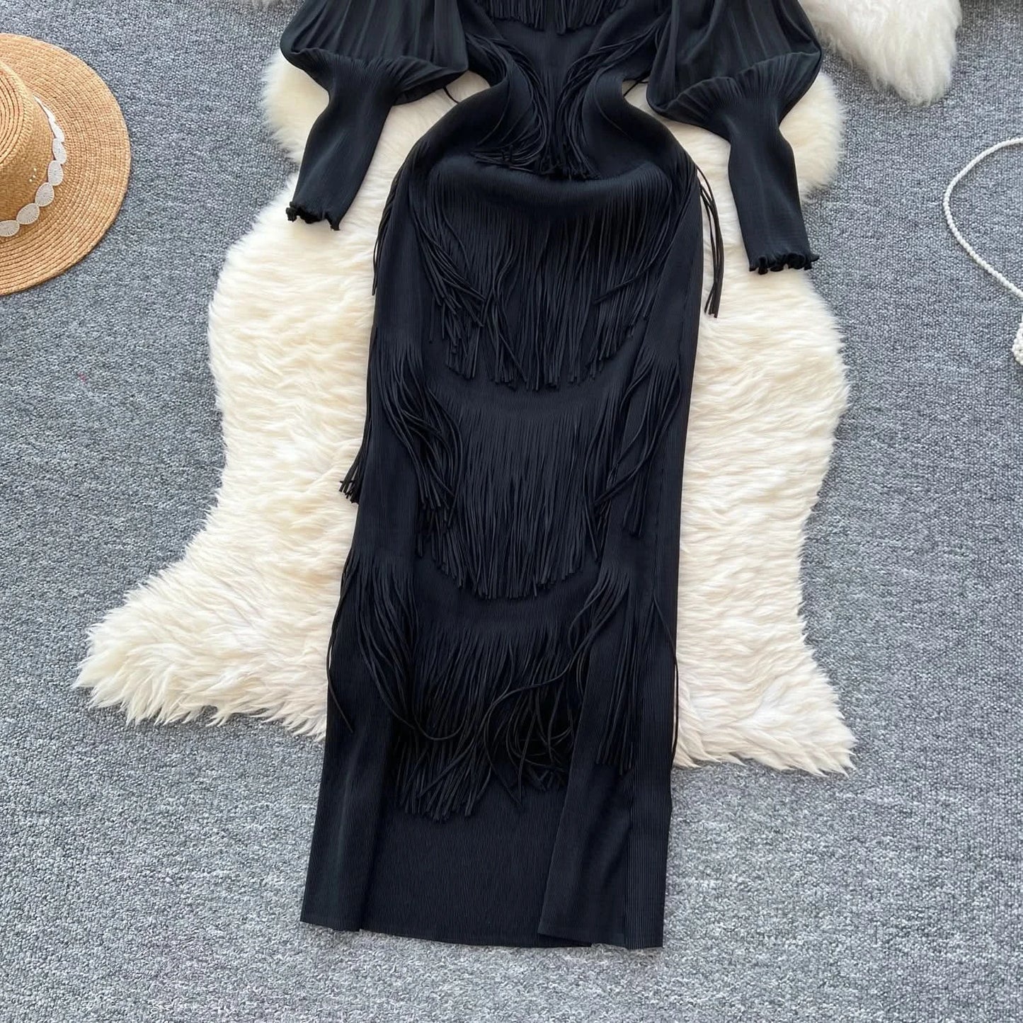 Vintage O-Neck Elegant Long Lantern Sleeve Chic Tassel Slim Long Dress French Fashion Evening High Street Autumn Winter Clothing - M & M Global