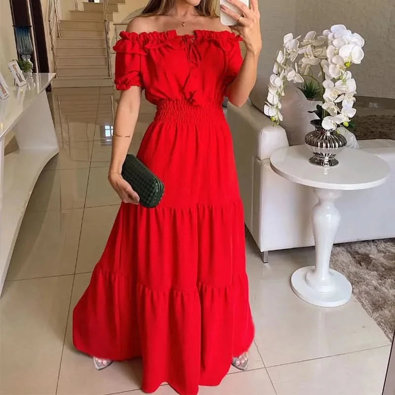 Summer Boho Red Dress Fashion Short Sleeve Beach Long Dress Casual Loose Elegant Holiday Party Dresses For Women Robe Femme 2023 - M & M Global