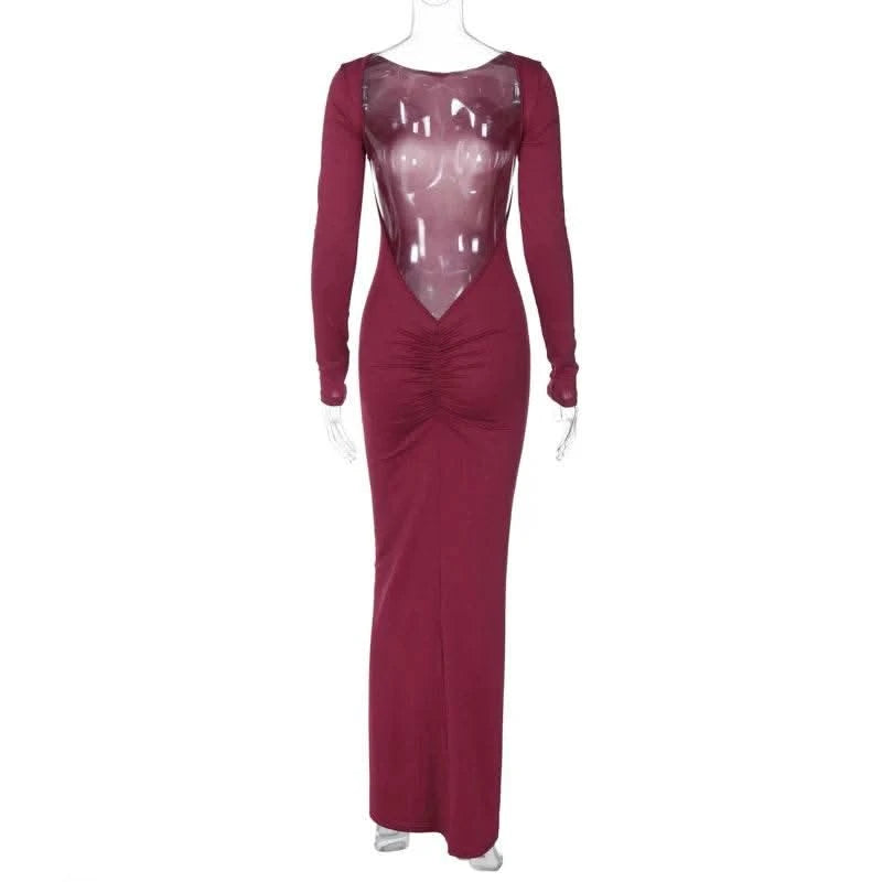 Dulzura O-Neck Long Sleeves Ruched Backless Maxi Dress Solid Sexy Elegant Long Dress Women’S Party Prom Clubwear Autumn Winter - M & M Global