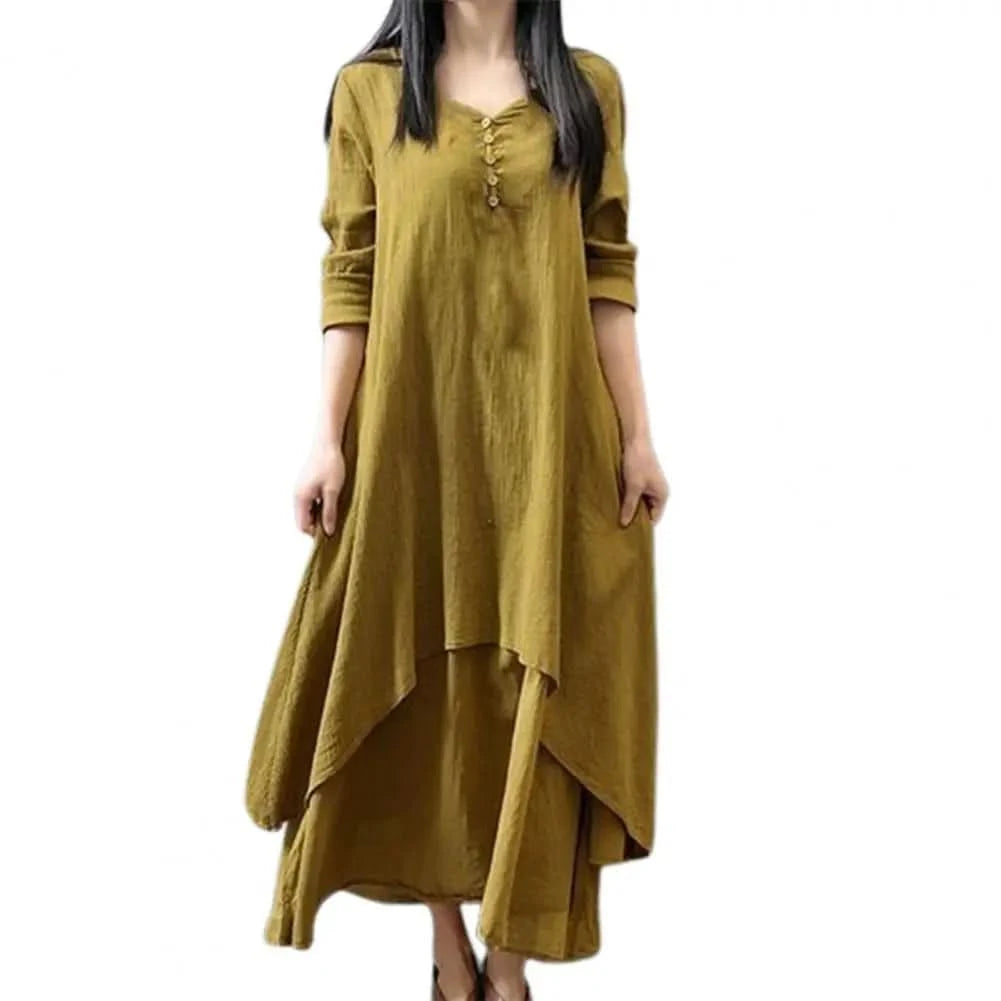 Women Elegant Linen White Dresses Bohemia Layering Vintage Robe Long Sleeve Loose Long Dress Female Autumn Vestidos - M & M Global