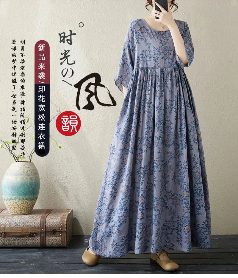 Oversized Summer Long Dress Women Floral Print Fashion Short Sleeve Ladies Dresses Casual Loose Ruffle Pleated Woman New Dress - M & M Global