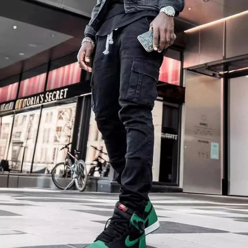Men Street Elastic Denim Jeans Wash Solid Color Multi Pockets Cargo Pants Casual Slim Fit Daily Wear Joggers Mid Waist Trousers - M & M Global