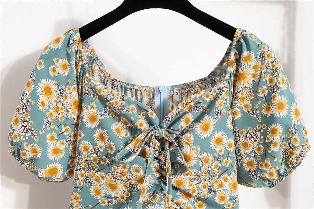 Women Mini Dresses Summer Fashion Female Vestidos Print Floral Chiffon Dresses Shirring Pleated Short Puffy Sleeve Casual Dress - M & M Global