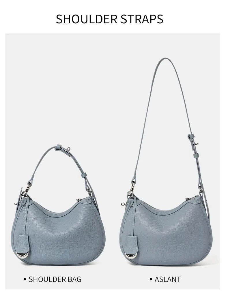 Top layer cowhide underarm shoulder bag 2025 new niche design minimalist blue fashionable soft leather saddle bag - M & M Global