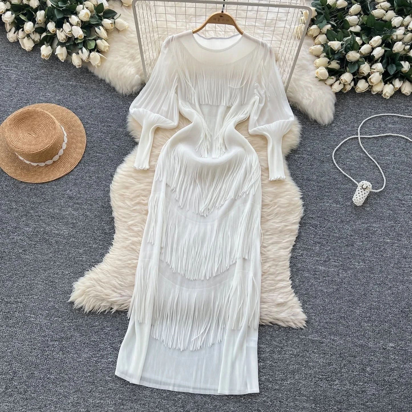 Vintage O-Neck Elegant Long Lantern Sleeve Chic Tassel Slim Long Dress French Fashion Evening High Street Autumn Winter Clothing - M & M Global