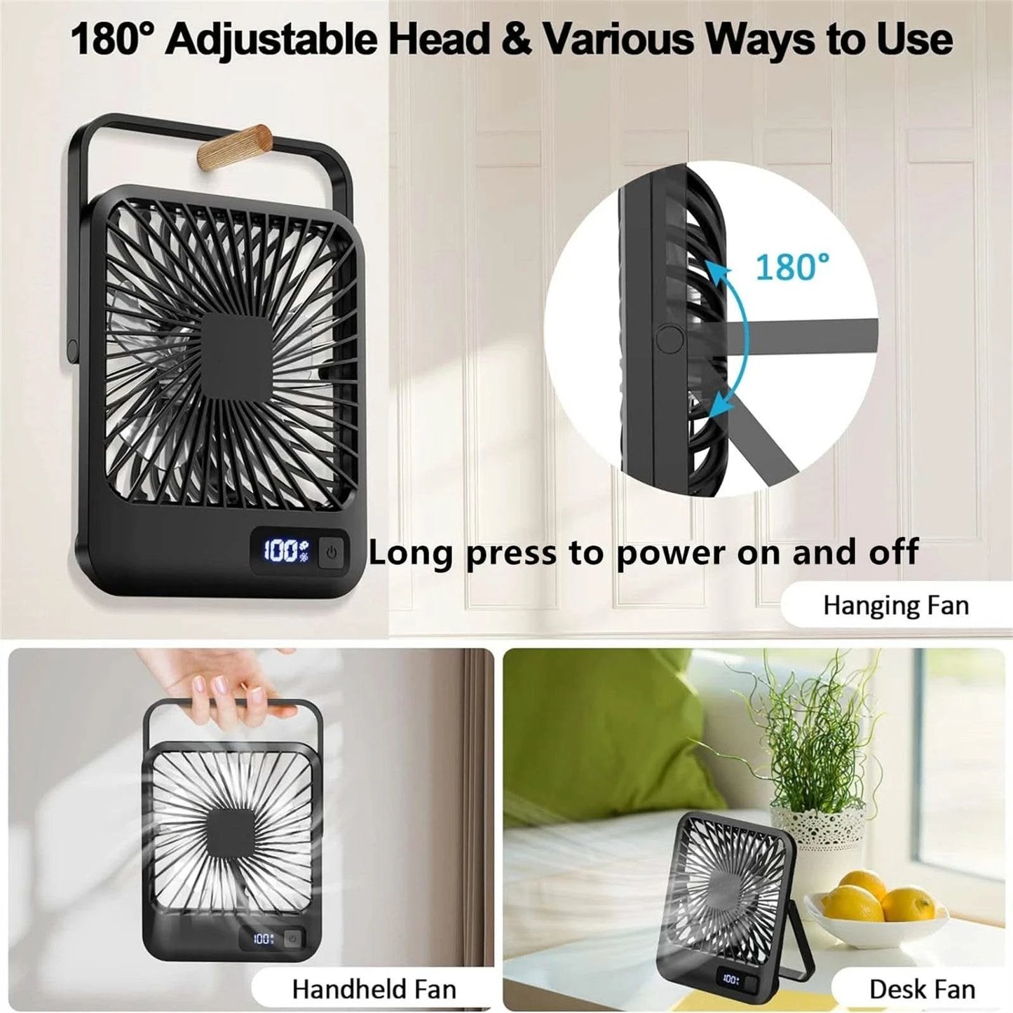 Desk Fan, Portable USB Rechargeable Fan, 180° Tilt Folding Personal Fan With Power Display, 5 Speeds Ultra Quiet Table Fan - M & M Global