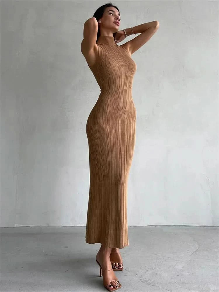 Tossy Sleeveless Knitwear Turtleneck Long Dress Female Slim Elegant Fashion Autumn 2023 Ribbed Knit Dress For Women Maxi Dress - M & M Global