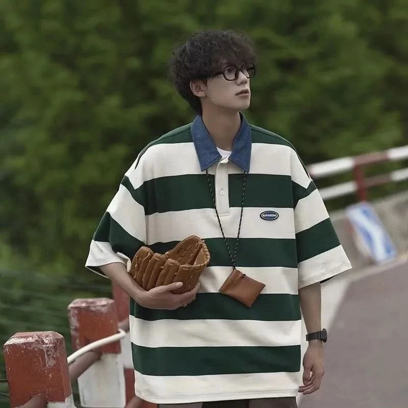 Japanese Retro Striped Color Blocked Short Sleeved Polo Shirt For Men's Y2k Summer Trend Loose And Versatile Polo Shirt Fashion - M & M Global
