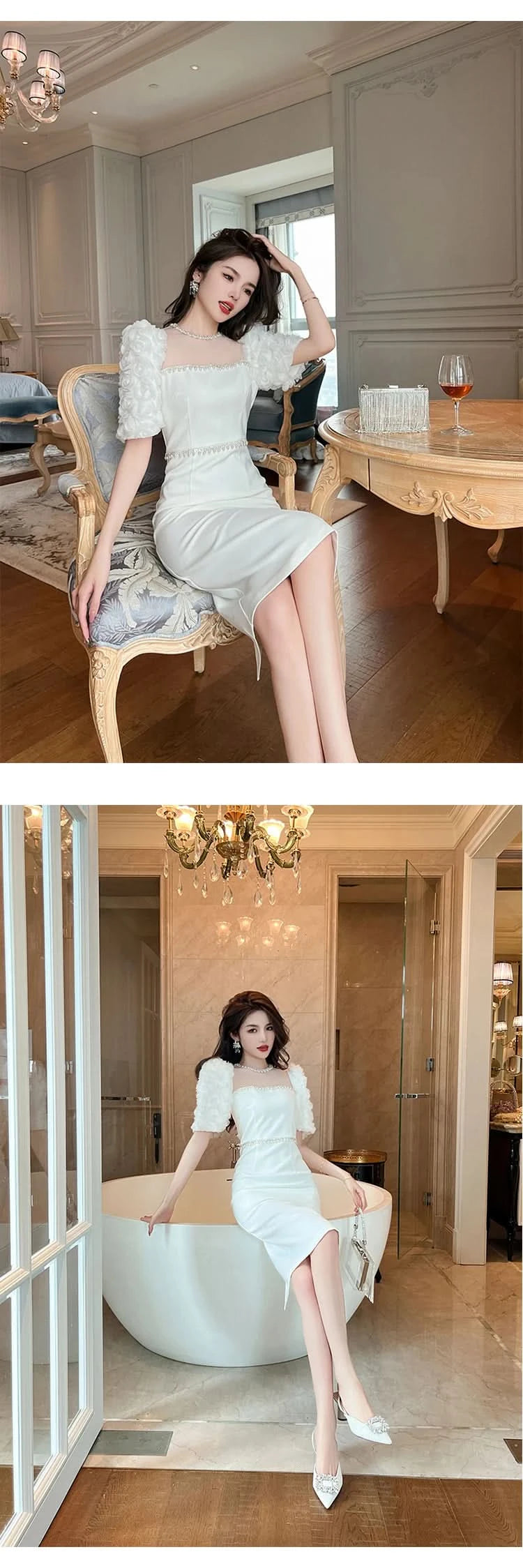 Fashion Elegant Formal Dresses Sweet Celebrity Beaded White Long Dress Sheer Mesh Flowers Split Robe Femme Prom Party Vestidos - M & M Global